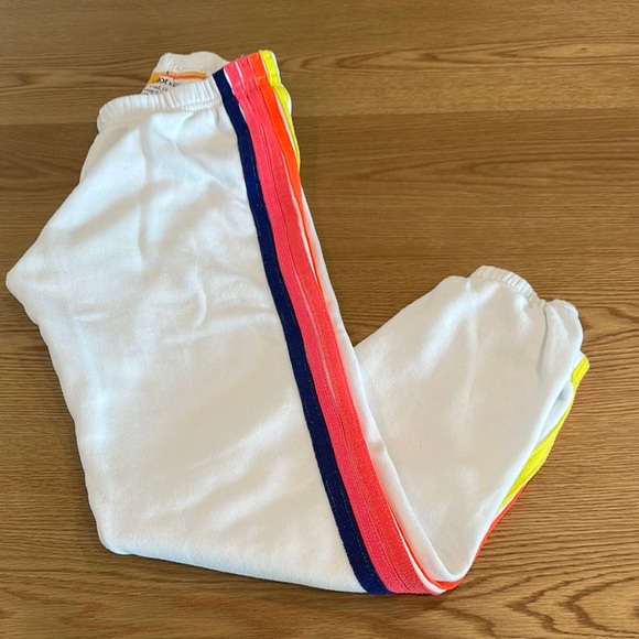 Aviator Nation Pants - 5 STRIPE SWEATPANTS - WHITE // NEON RAINBOW STRIPES